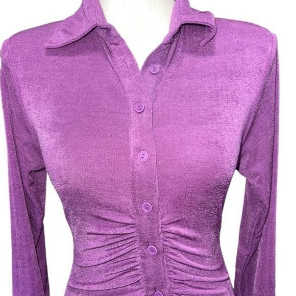 Mable Purple Long-Sleeve Collared Button-Up Ruched Mini Dress Womens Size Small - Picture 2 of 12